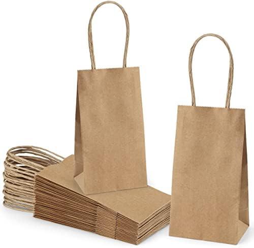 Poever Small Kraft Paper Bags 25 Pack Mini Brown Paper Bags 3.5x2.4x6.7 Small Gift Bags with Handles Bulk for Party Favor Business