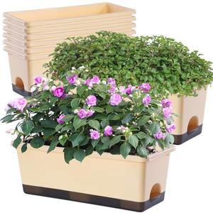 Oliz Window Box Planter 8 Pcs, 17 Inches Rectangle Flower Pots with Drainage Holes & Trays, Vegetable Planters for Windowsill Patio Garden Balcony Home Indoor Outdoor (Barley Yellow, 16 * 7 * 6 inch)