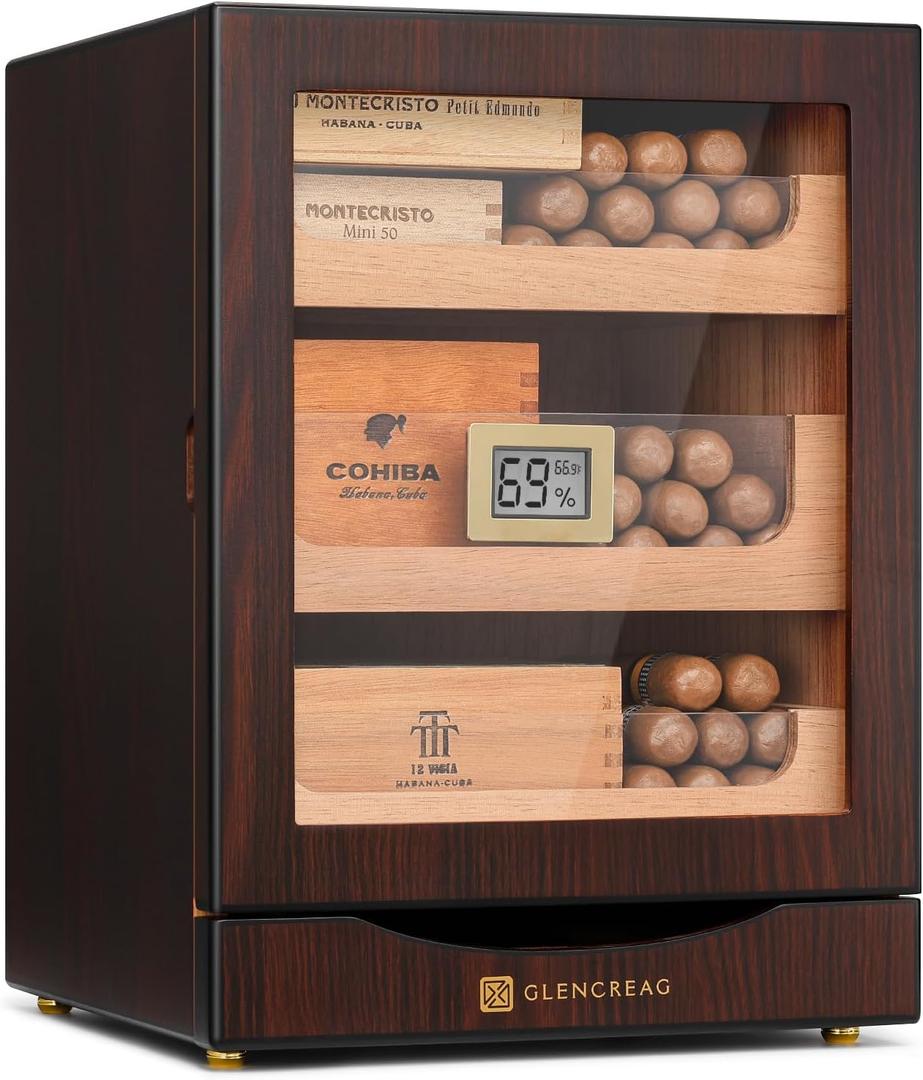 MET-1031 Cigar Humidor Cabinet for 150 Cigars Spanish Cedar Lining, Digital Hygrometer, Magnetic Seal, 3 Drawers + Accessory Storage Gift for Cigar Aficionados, Dark Brownish Red 