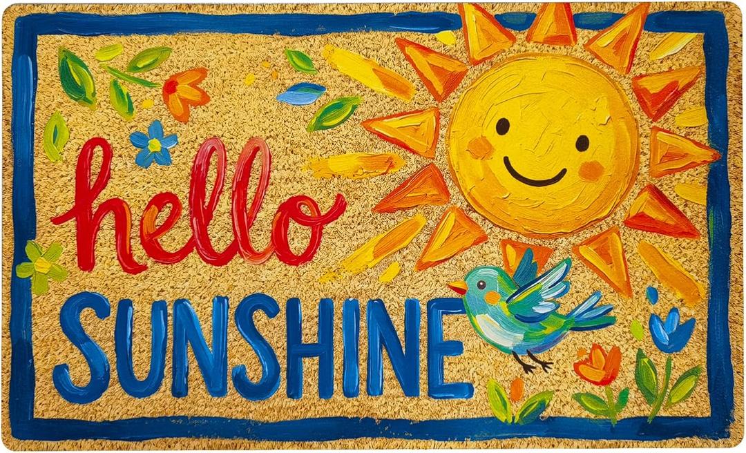 Welcome Mat 17x29 Inch Spring Summer Front Door Mat, Hello Sunshine | Non-Slip Rubber Backing, Low Profile Design, Easy Clean, Absorbs Dirt, Heavy Duty, Indoors and Outdoors Use