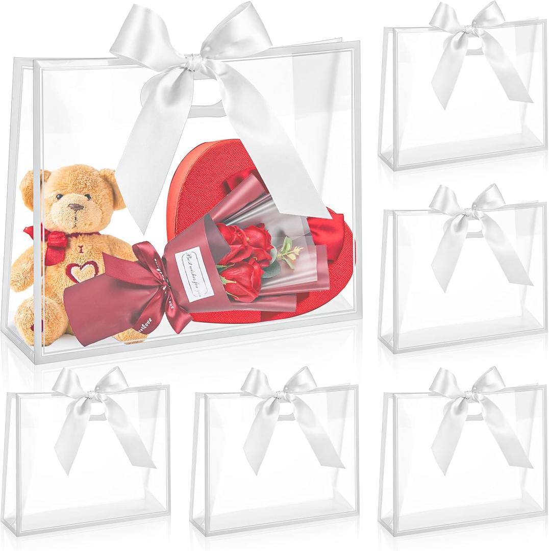 Aliceset 12 Pcs Clear Plastic Gift Bags with Die Cut Handles Reusable Gift Wrapping Bag with Ribbon for Wedding Graduation Bridal Shower Baby Shower, 12 x 10 x 5''(White)
