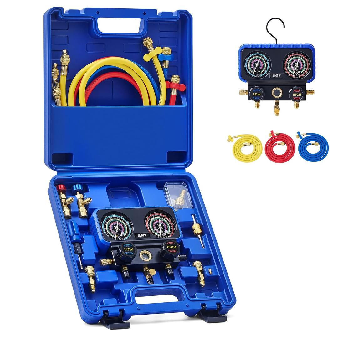 Orion Motor Tech AC Gauge Set, 3-Way AC Manifold Gauge Set for R410A R32 R22 R454B Refrigerant with 5ft Hoses, A/C Gauge with R410 R12/R22 Safety Valves R410A R32/R454B Adapters Valve Core Wrench