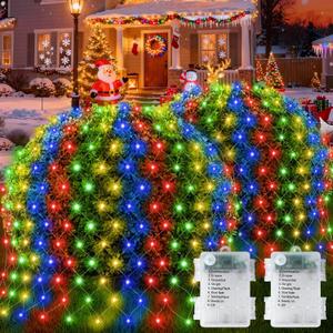Hezbjiti Pack of 2 Battery Operated Christmas Net Lights Outdoor Total 200 LED 5FT x 3.3FT Waterproof Timed Memory Mesh Lights for Xmas Trees Bushes Garden Yard Lawn Patio Christmas Decor (Multicolor)