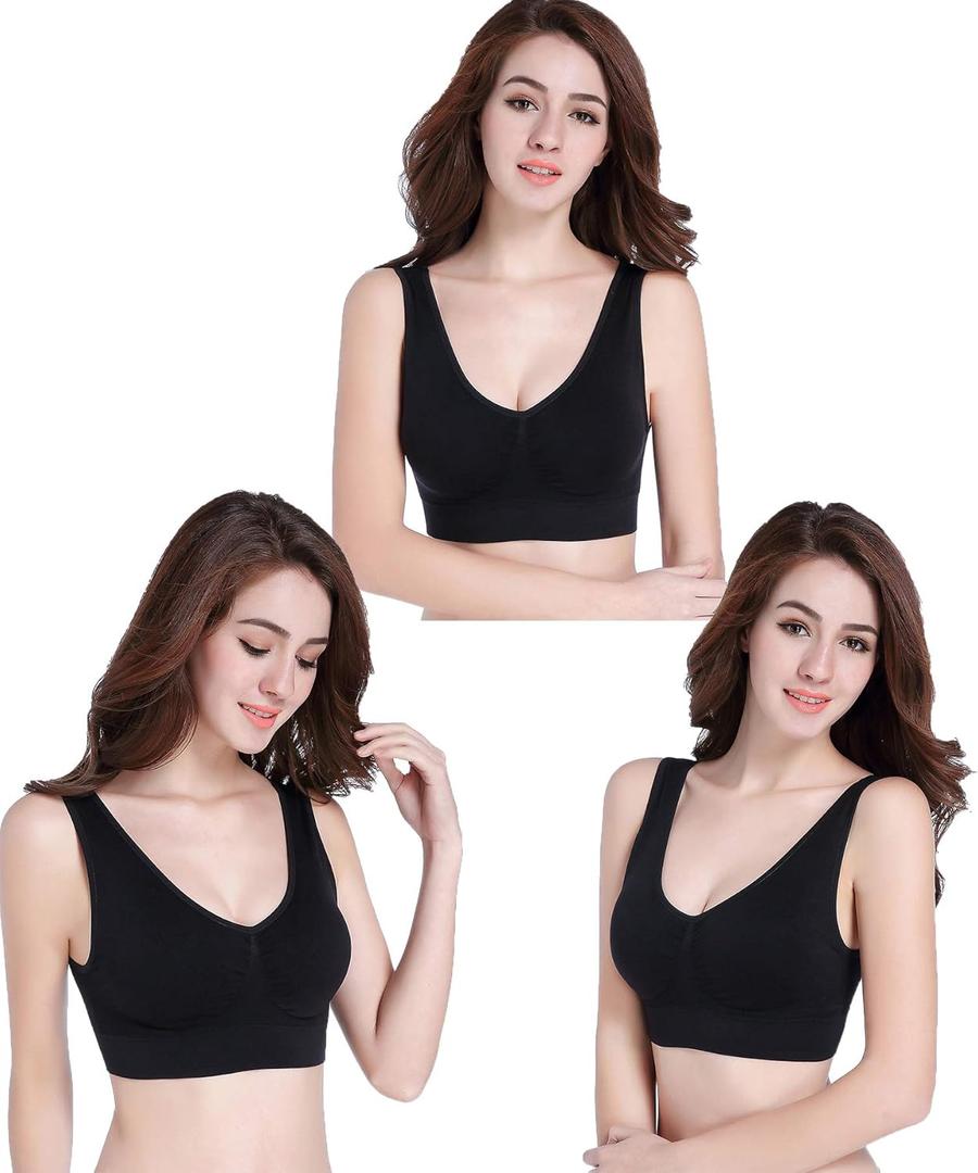 PRETTYWELL Sleep Bras for Women, Comfort Seamless Wireless Stretchy Sports Bra,3 Pack Yoga Bras, with Removable Pads (Small, 3 Pack Black)