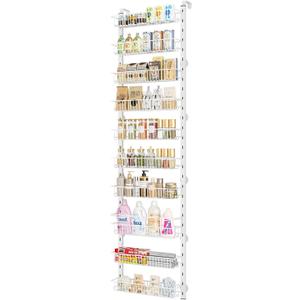 MIAOLI Over the Door Pantry Organizer, 10-Tier Adjustable Spice Rack Cabinet Door Shelves, Hanging Seasoning Organizer for Kitchen Bathroom, Laundry Room Organization, White