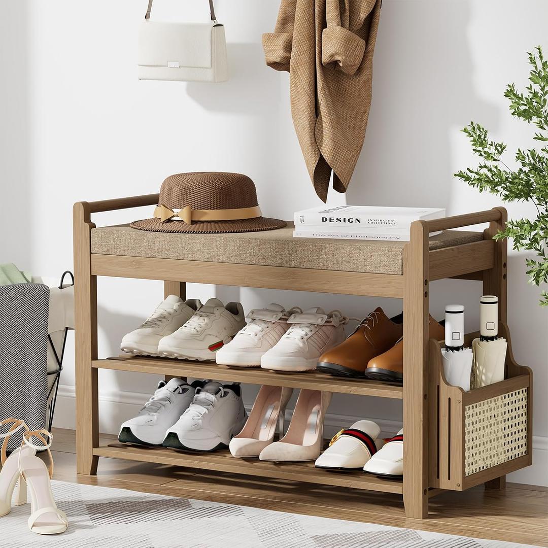 Homaxy 2-Tier Shoe Rack Bench, 28.2 in, Walnut and Light Brown