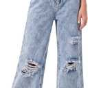 PATPAT Girls Ripped Jeans 13-14Y, Elastic Mid-Waist Baggy Wide Leg Denim Pants, Y2K Streetwear, Trendy Clothes for Teens Light Blue