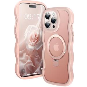 [Cute Wave Frame+Mag Stand] Designed for iPhone 15 Pro Max Case, [Fit for MagSafe] Translucent Silicone Protective Magnetic Ring Phone Case Cover for iPhone 15 Promax 6.7 inch Men Women, Pink