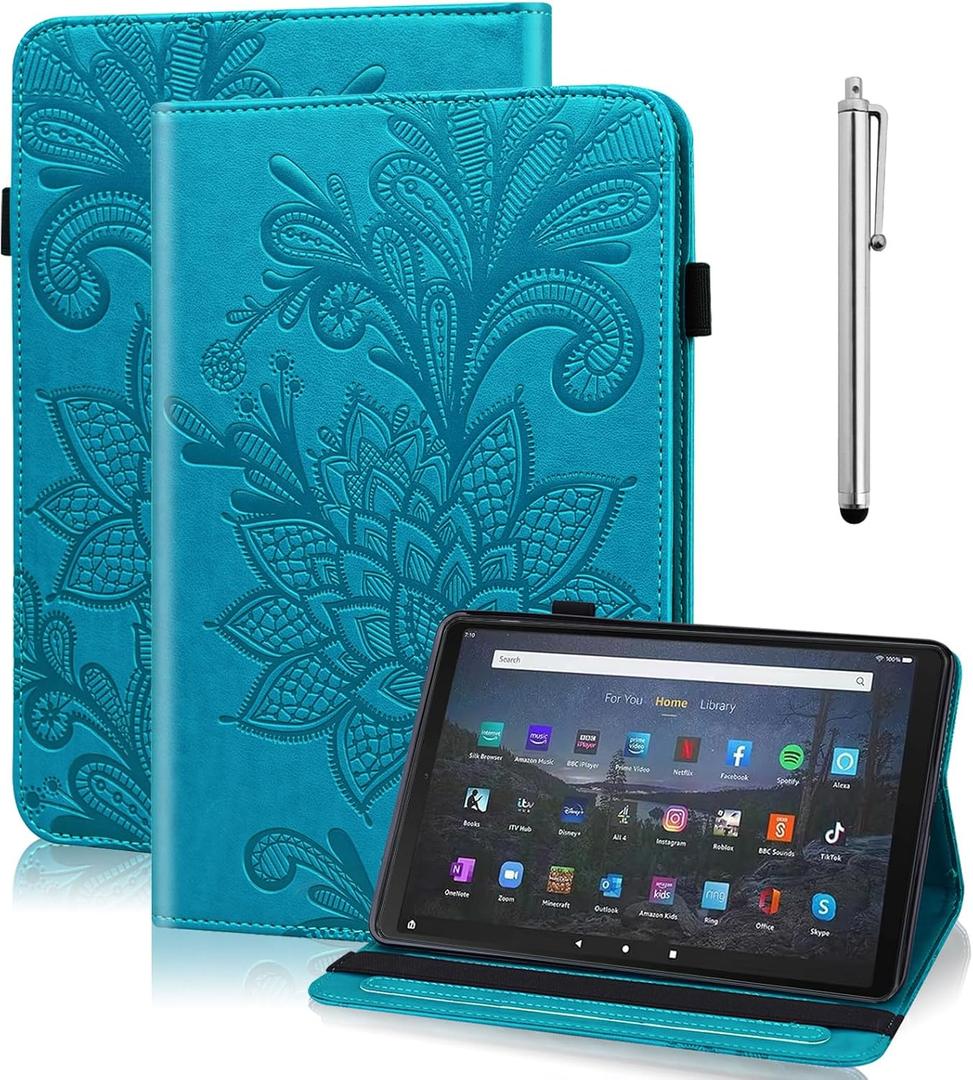 for Kindle Fire Max 11 Case - Embossed Lace PU Leather Flip Folio Tablet Case with Elastic Band & Card Slots/Holder, Multi-Angle Viewing Stand Cover, Blue