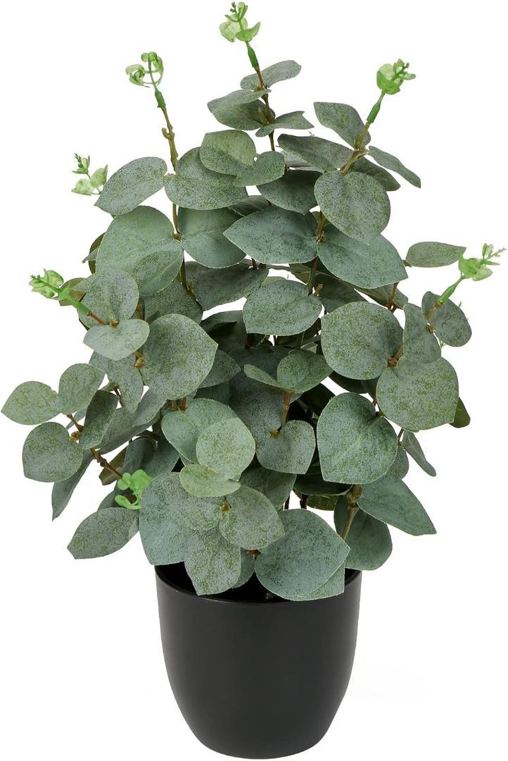 Briful Artificial Eucalyptus Plant Decor 14â€™â€™ Fake Eucalyptus with Frosted Leaves Faux Eucalyptus with Lush Foliage in Black Pot Fake Plant for Indoor Living Room Bathroom Kitchen