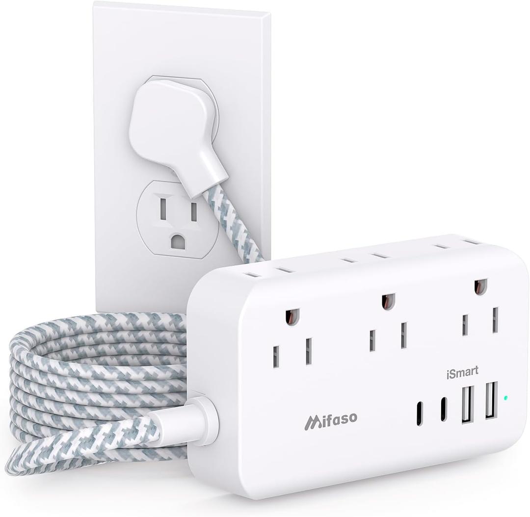 Power Strip Extension Cord - 6 Outlets and 4 USB (2 USB C), Braided Cord with Ultra Thin Flat Plug, Wall Mount, Overload Protection, Travel, Cruise Ship, Dorm Room Essentials (15FT, White)