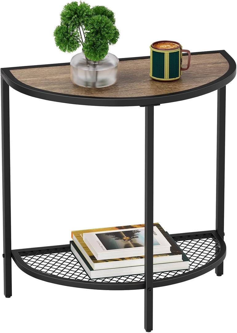 SAYGOER Small Side Table 19.7'' Half Moon Side Tables for Living Room 18.7"*10.4" Unique Bed Night Stand for Home Balcony 2 Tier Couch Tables with Storage Shelf, Adjustable Feet, Boho Dark Walnut