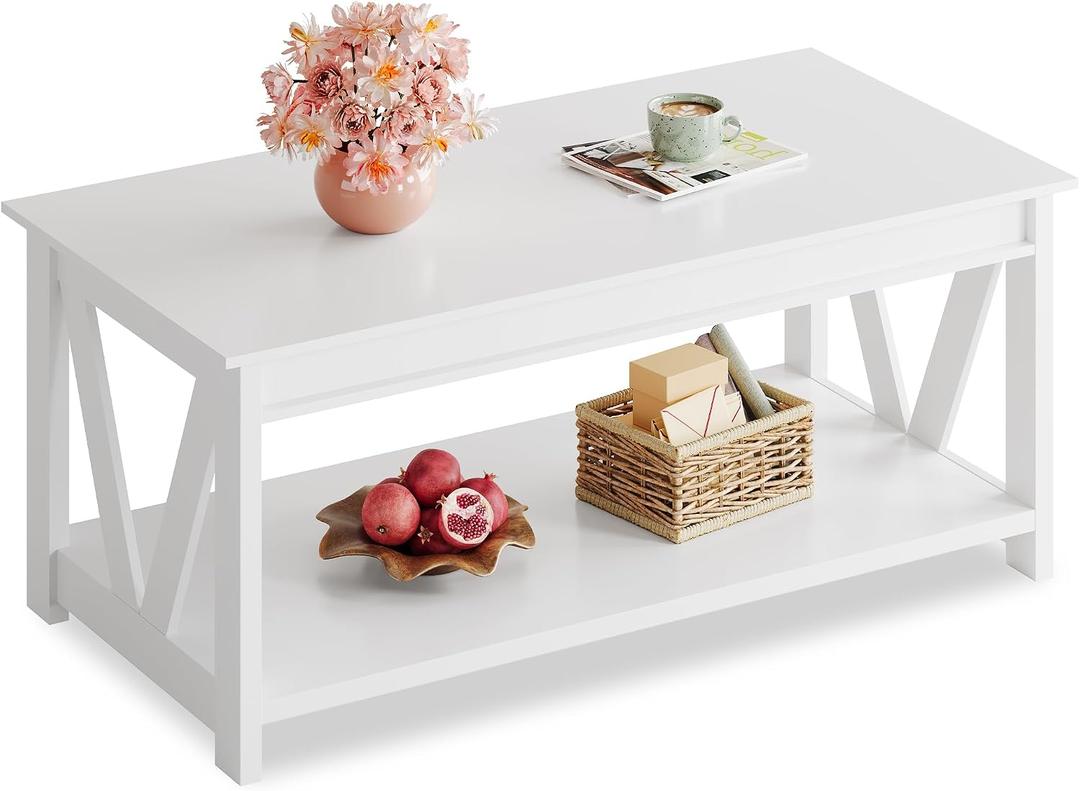 WLIVE Coffee Table with Storage Shelf, 39.4" Farmhouse Coffee Table with V-Frame Support, 2-Tier Wood Rustic Center Table for Living Room, Bedroom & Balcony, All White, 39.4in