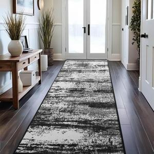 Runner Rug 2x6 Washable Rug Runners for Hallways Kitchen Non-Slip Rugs Abstract Print Soft Faux Wool Carpet Runner for Entryway Indoor, Bedroom Bedside, Laundry, Dorm, Home Decor (Black and Grey)