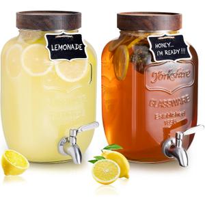 Mustry Glass Drink Dispenser for Parties, 1 Gallon Beverage Dispenser with Spigot Solid Stainless Steel, Used as Lemonade Dispenser Sun Tea Jar Kombucha Jar, Set of 2 (Double)