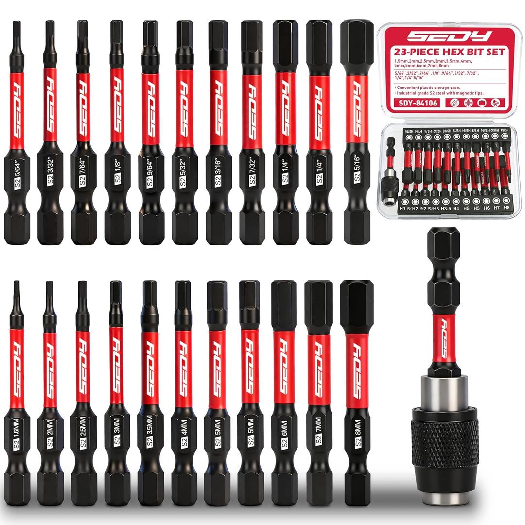 23-Piece Magnetic Hex Head Allen Wrench Drill Bit Set with 2.4" Impact Bit Holder, 1/4" Hex Shank Hex Bits, SAE & Metric Hex Screwdriver Bit Set, S2 Steel Allen Key, Mechanic Home Repair