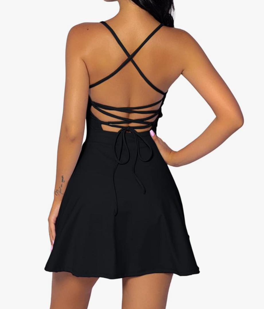 QINSEN Womens Two Pieces Tennis Dress with Shorts Workout Open Back Active Golf Dresses. Small