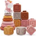 Nueplay 13 Pcs Building Circle & Blocks, Stacking & Nesting Baby Toys with Horse Figure, Newborn Essentials Squeeze Teething Toy Gifts for 6 12 18 Months Baby Toddler Girls