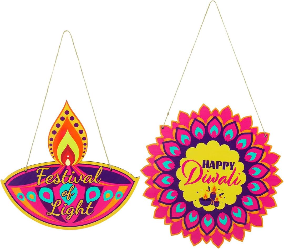 2pcs Wood Happy Diwali Door Sign, Diwali Front Door Hanger Indian Festival of Lights Party Welcome Decor Wall Hanging Plaque
