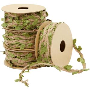 Juvale Burlap Leaf Ribbon - Jungle, Safari & Fairy Party, Enchanted Forest Decor, Vines for Crafts (4 Rolls, 65.6 Ft Total)