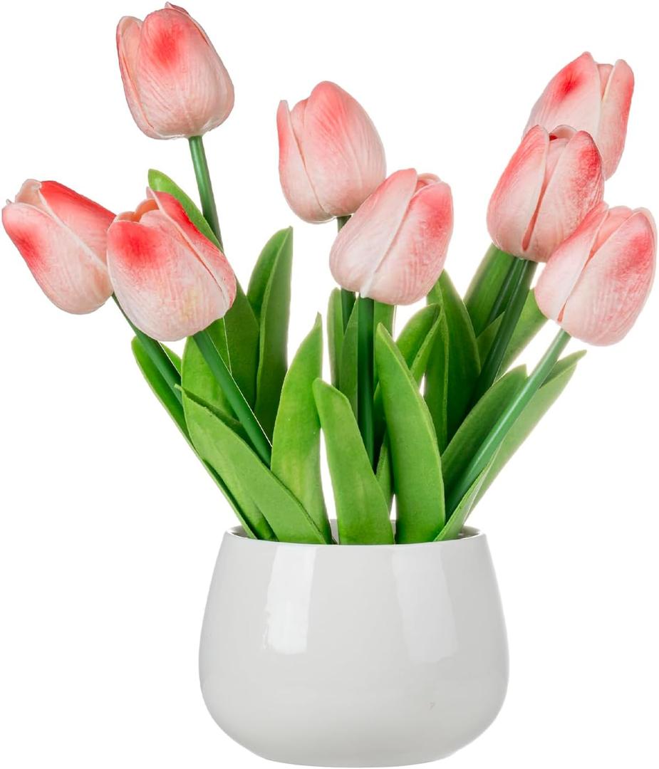 MyGift Realistic Artificial Pink Tulips in White Ceramic Vase Faux Tulip Flower Arrangement for Home & Office Decor, Potted Tabletop Fake Plants in Round Ceramic Planter, Elegant Spring Decor