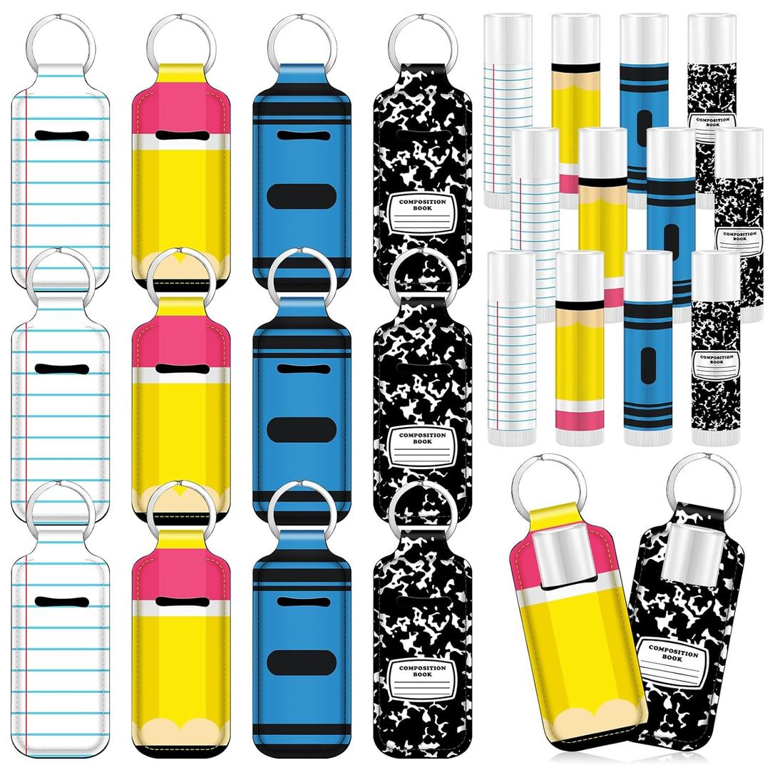 Loopeer Back to School Teacher Gifts Bulk Lip Balm and Lipstick Holder Keychian Crayon Pencil Composition Notebook Thank You Gift for First of Year Welcome Back to School Party Favors(24 Pcs/12set)