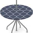 Blue White Moroccan Pattern Outdoor Tablecloth with Umbrella Hole, Round Elastic Fitted Table Cloth with Zipper, Waterproof Picnic Patio Table Covers Fits 36-44 in Tables