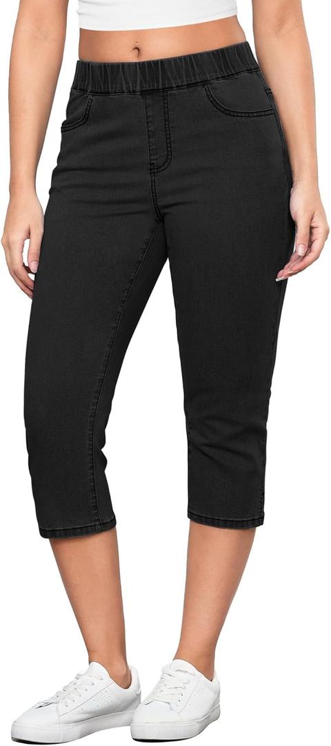 GRAPENT Capris Jeans for Women High Waisted Trendy Pull On Elastic Waist Split Hem Skinny Stretchy Denim Capri Pants (XL, Washed Black)