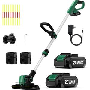 KIMO Weed Wacker Cordless Battery Powered w/ 2 x 2.0Ah Batteries, 2-in-1 String Trimmer & Edger with Charger & Wheels, 12 inch Dual-Sided Cutting Lines (10Pcs), Electric Weed Eater 20V for Lawn Yard