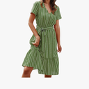 Brovave Women's Summer Short Sleeve V-Neck Striped Chiffon Dress Tie Waist Casual Work Office Midi Dresses Fashion Clothes S