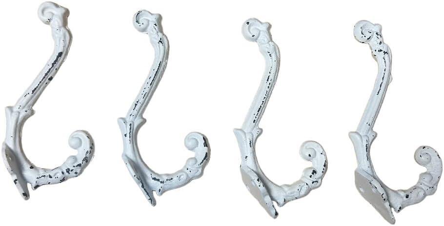 4 Pack Cast Iron Wall Hooks Antique Vintage Rustic Farmhouse Coat Hooks, Great for Coats, Bags, Towels, Hats, Mounting Screws Included (White)