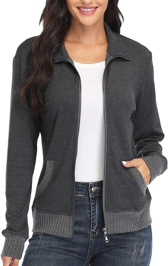 Women's Zip up Sweatshirt Jacket Stand Collar Hoodless Running Sweatshirt with Pockets (Medium, Long Sleeves - Dark Grey)