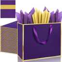 Addblu 12 Pack Large Gift Bags with Handles - Includes 36 Tissue Papers, 11.8x10x4 Inches for Thank You, Wedding, Bridesmaid, Birthday Party, Valentine's Day, Holiday (Purple and Gold Trim, 12Pcs)