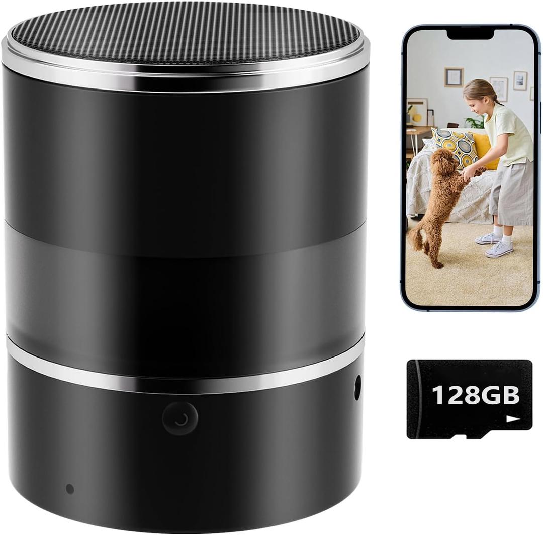 Security Camera with Bluetooth Speaker, 1080P Wireless WiFi Camera for Home/ Office/ Baby/ Pet, Indoor Camera Rotating Lens, with Motion Detection, APP, Local & Cloud Storage (Included 128GB SD Card) (Black)