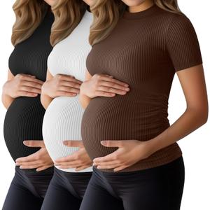 Ficerd 3 Pack 92% Cotton Ribbed Maternity T-Shirts for Women, Mock Turtleneck Side Ruched Slim Short Sleeve Pregnancy Tops (XX-Large, Black, White, Coffee)