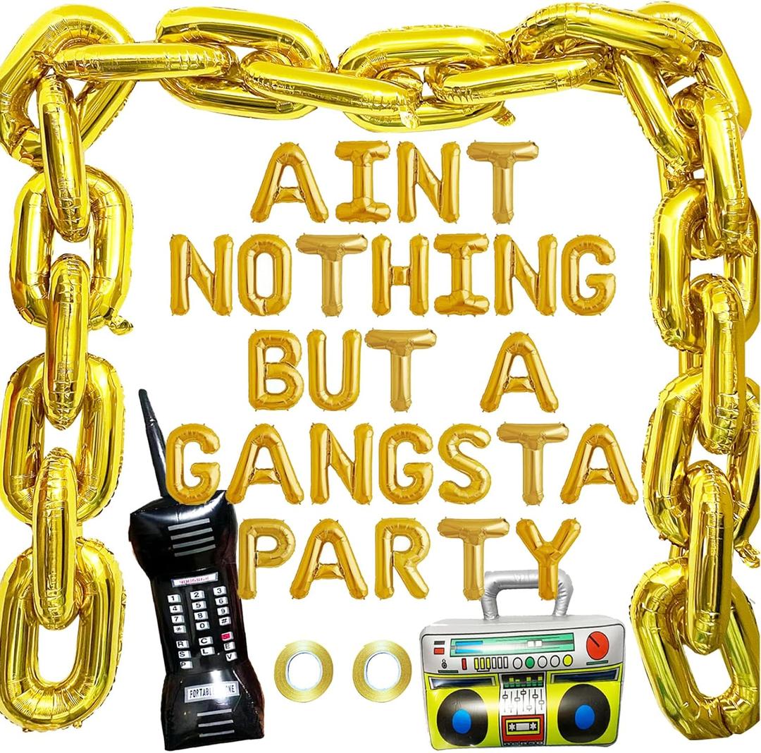 Aint Nothing But A Gangsta Party Balloon Banner Hip Hop Party Decorations Gold Jumbo Chain Balloons Inflatable Mobile Phone Radio Boombox Backdrop for 70s 80s 90s Hippie Retro Party Decor Supplies