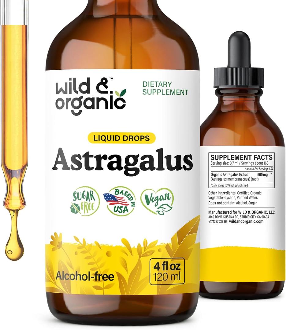 Wild & Organic Astragalus Root Extract Drops - Immune Support - 4 oz | Brain Support & Seasonal Defense - Liquid Astragalus Supplement - Add to Tea - Membranaceus Herb - Alcohol-Free Tincture. Bbd 10/2027