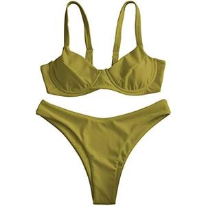 ZAFUL Women's Ribbed Underwire Bikini Set High Cut Colorblock V Notch Swimwear Printed High Leg Swimsuit L, Green 