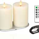 Rechargeable Flameless Pillar Candle with Remote Timer, 3D Moving Flame Real Wax Led Pillar Candles (Ivory, 3''x4'')