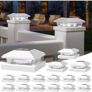 NIORSUN Solar Post Lights Outdoor, Fence Post Solar Lights Cool White, Waterproof, Garden Patio Fence Deck Decor, 4x4 Posts Cap Wood Vinyl, 5x5 Vinyl, White, Pack of 16 