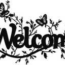 Vintage Welcome Floral Vine Metal Wall Decor- Rustic Farmhouse Entryway Sign, Indoor Outdoor Home Accent (14.57"x8.07", Black)