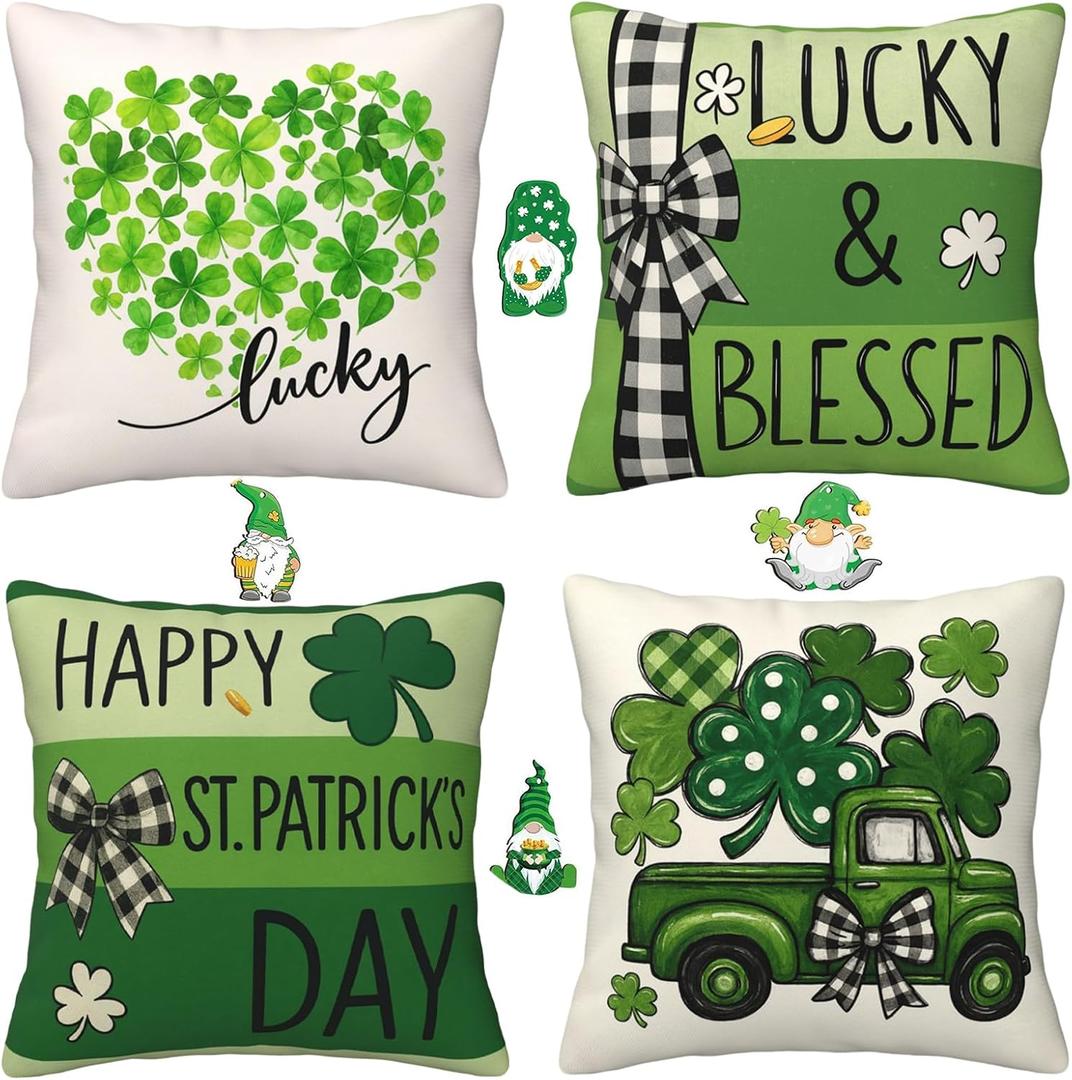 2 x Lucky St. Patrick's Day 4PCS 18x18 Inch Velvet Throw Pillow Covers,Classic Farmhouse Decorative Square Cushion Cases for Sofa Couch