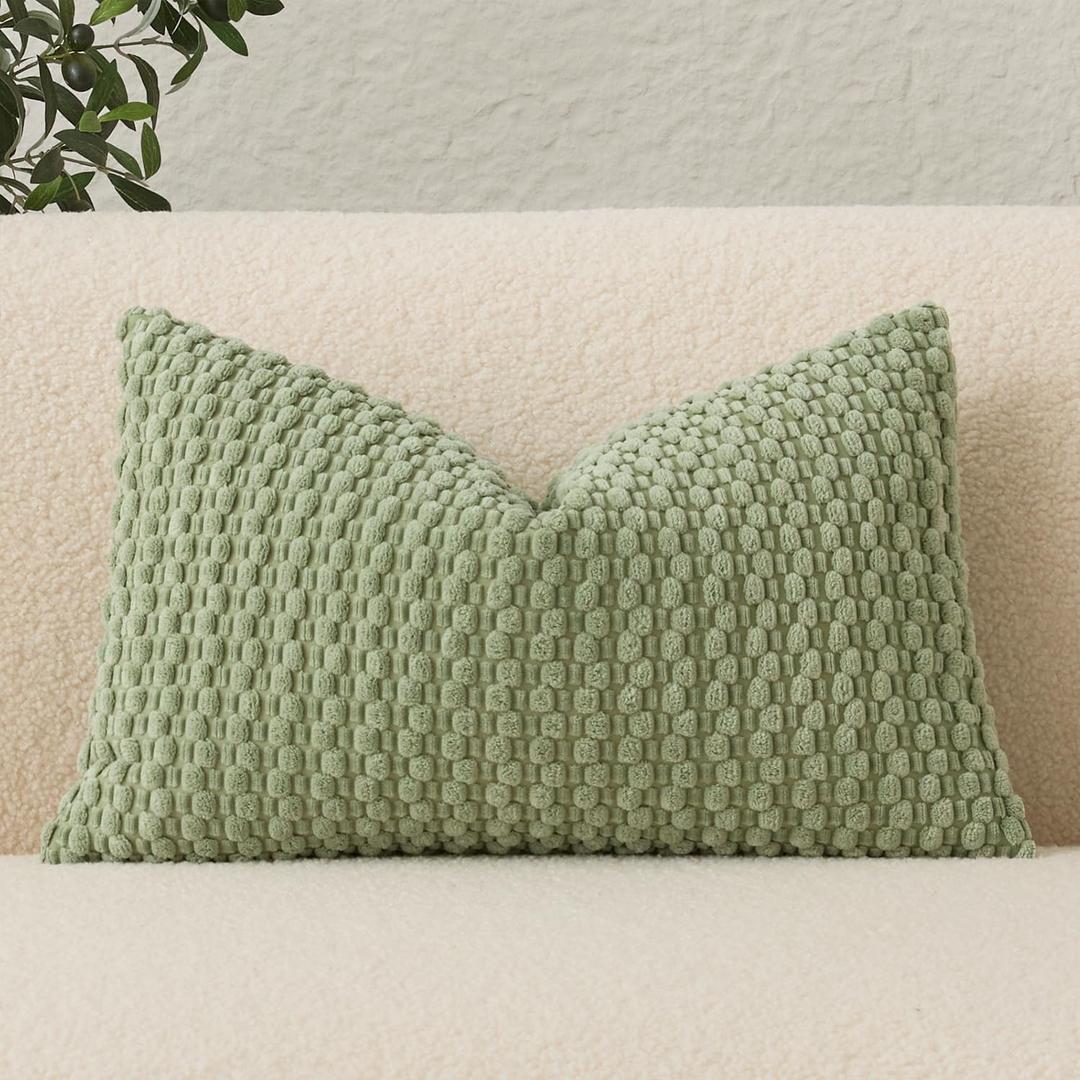 UGASA Spring Velvet 12x20 Inch Lumbar Throw Pillow Cover, Both Sides Corduroy Striped, Soft Solid Decorative Rectangular Cushion Case for Couch/Bedroom/Car, 1 Piece, Sage Green