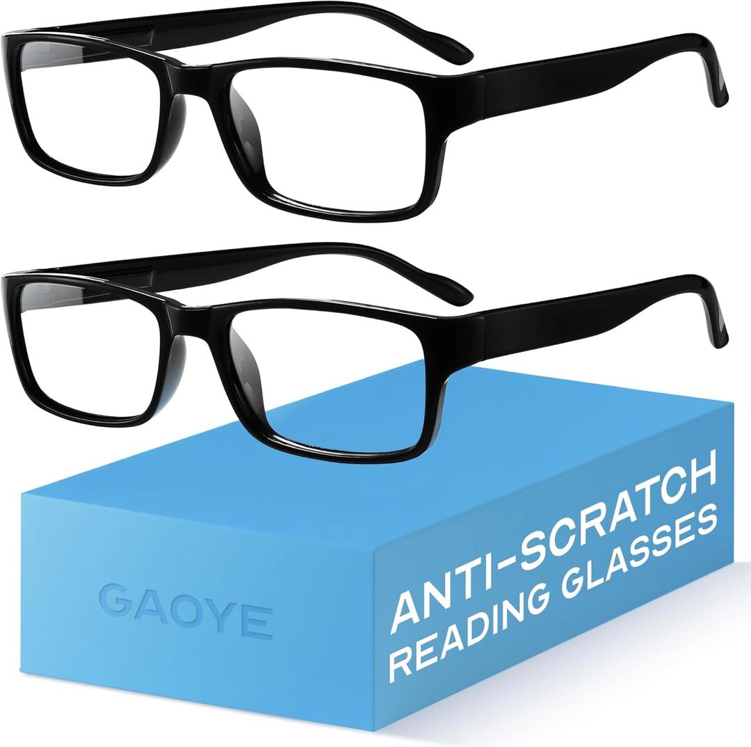 Gaoye +1.25 2-Pack of Reading Glasses - Blue-Light Filter, UV Protection - Readers with Rectangle Frames (Black)