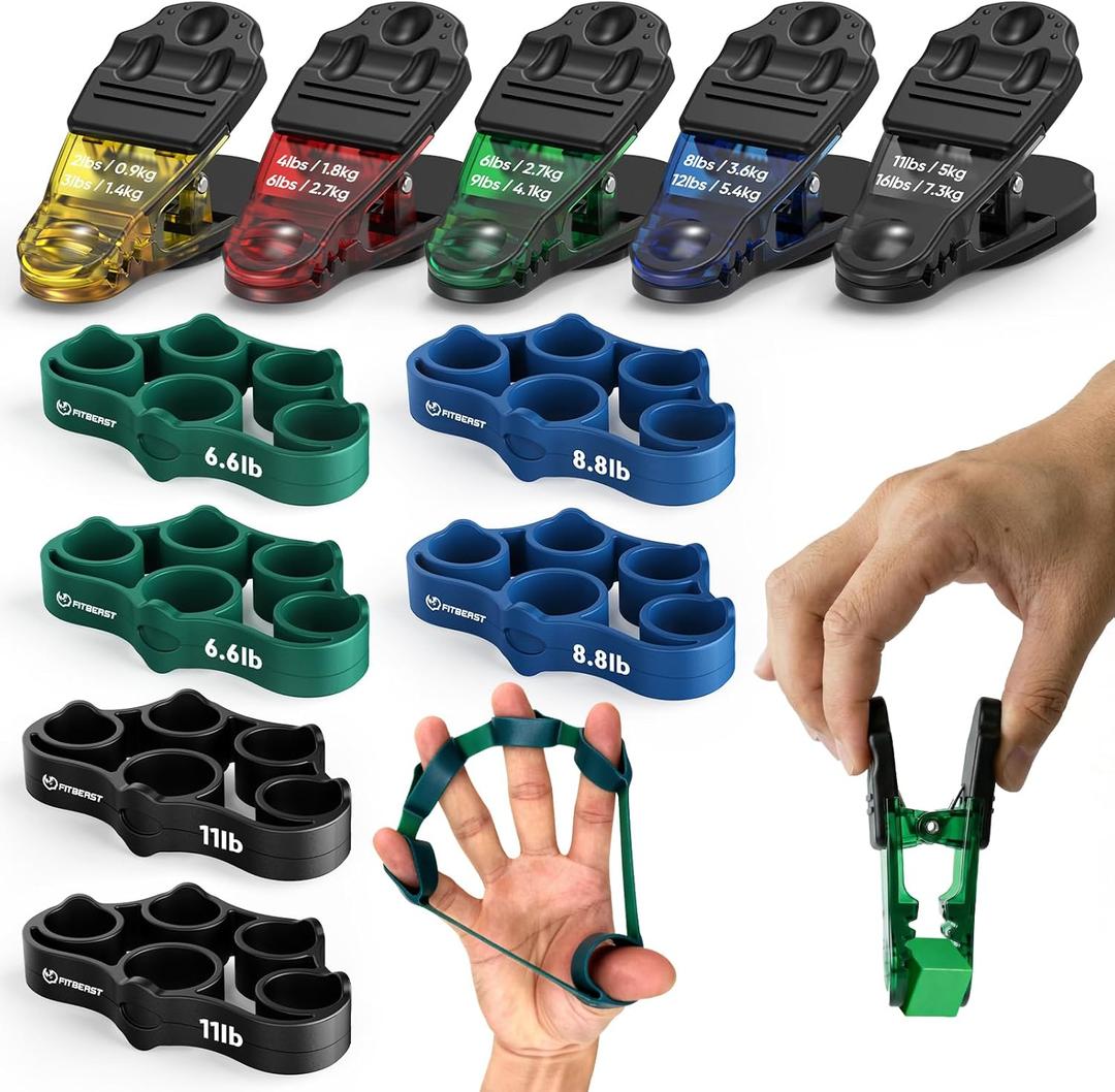FitBeast Finger Exerciser Set, Pinch Clips & Finger Extension Bands for Hand Therapy, Grip Strength, Dexterity & Hand Rehab
