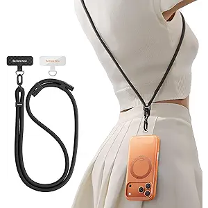 TORRAS Phone Lanyard Crossbody with 2 Phone Tabs, Adjustable Anti Theft Phone Strap for All Phones, Premium Metal Buckles, SkinFriendly, Universal Cell Phone Neck lanyard for Travel Essentials, Black