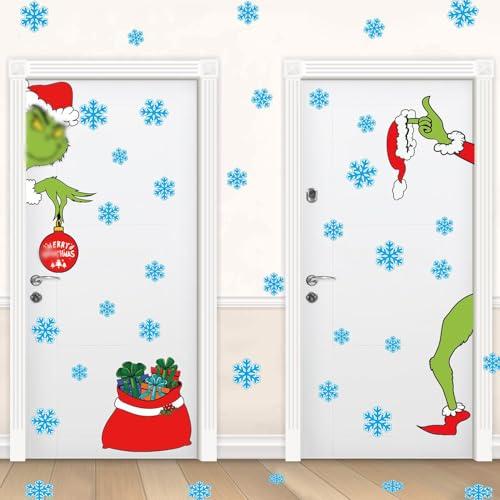 Christmas Door Decorations, Large Double-Sided Christmas Door Stickers Window Stickers Removable with Extra 38 PCS Snowflakes, Xmas Indoor Home Decor for Glass Wall Office Room Garage, 6 Sheets