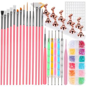 vivinin 25PCS Nail Art Tools Set, Includes Nail Art Brushes, Nail Stand, Dotting Tools, Striping Liner Fingernail Drawing Pens, Jelly Glue, tweezers, Sequins, Professional Nail Art Supplies Kit