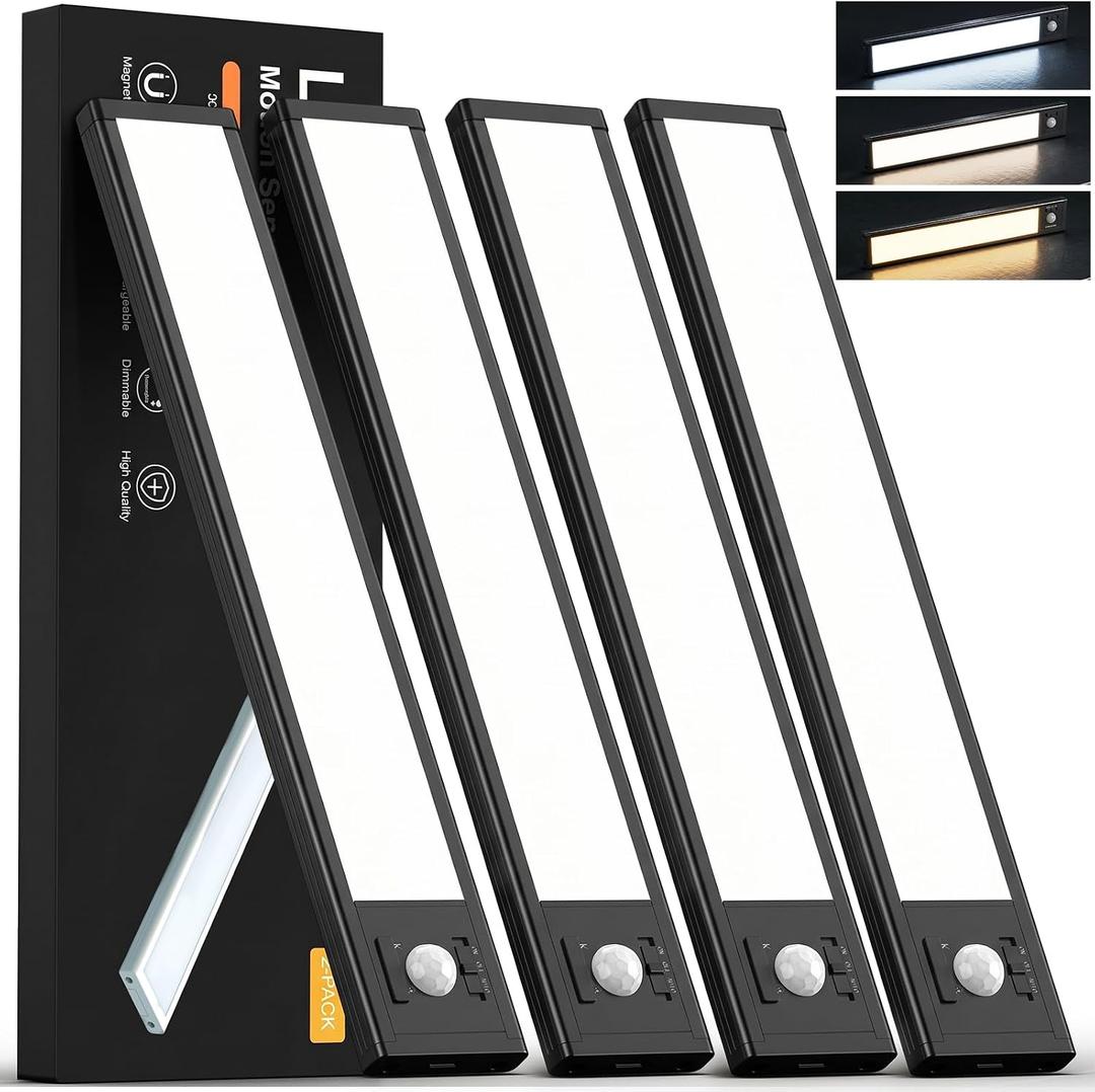 4Pack Under Cabinet Lighting Rechargeable -10" Ultra-Thin Black 3 Color Temps Super Bright, Motion Sensor, Long Lasting - Easy Installation Magnetic Under Closet Lights