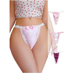 SweatyRocks Women's 3 Pack Bow Satin Thongs Low Rise Panties Cute Underwear (Medium, Multicolor)